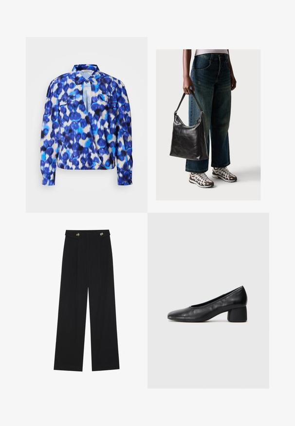 Ilga rankovė marškiniai su mėlynu ir baltu abstrakčiu raštu, turi apykaklę, dvi priekinės kišenes ir mygtukus ant rankovių. Pagaminti iš lengvos medžiagos.; Juodi plačios kojos kelnės su aukštu liemeniu, sagų detalėmis ant liemens ir priekinėmis raukšlėmis.; Juodai odiniai aukštakulniai batai su apvaliu pirštu ir vidutiniu bloku. Lygi tekstūra su minimaliu apdailos, turinčia subtilų elastingą atidarymą.; Juodas odinis peties krepšys su lygiu paviršiumi ir reguliuojama dirželiu, derinamas su nublukusiais plačiapurčiais džinsais ir sportiniais batais.