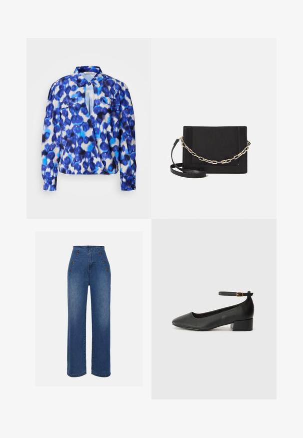 Majica z dolgimi rokavi z modrim in belim abstraktnim vzorcem, s kragnico, dvema sprednjima žepoma in gumbnimi manšetami. Narejena iz lahkega materiala.; Hlače iz jeansa z visokim pasom v srednje modri barvi. Imajo okrasne gumbe spredaj in širok kroj. Tkanina ima gladko teksturo z rahlim zbledelostjo.; Črne usnjene pumpice z nazobčanimi prsti in nizko blokasto peto. Imajo trak okoli gležnja z zaponko v zlatem tonu. Gladka tekstura.; Črna usnjena torba čez ramo z gladko teksturo, pravokotno obliko in kovinskim verižnim detajlom spredaj. Vključena je nastavljiva naramnica.