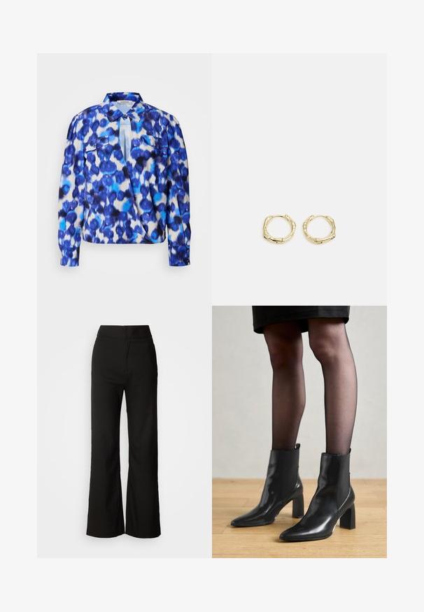Langærmet skjorte med et blåt og hvidt abstrakt mønster, der har en krave, to forlommer og knapmanchetter. Fremstillet af letvægtsstof.; Sorte bukser med bred benvidde, glat tekstur, høj talje og et enkelt design. Ingen synlige lommer eller udsmykninger.; Sorte læderankelstøvler med spids tå, kraftig firkantet hæl og slankt design. Har elastiske sidepaneler for nem påtagning.; Gul hoop ørestikker med en struktureret, uregelmæssig form. Har en sømløs lukning og en poleret overfladefinish, der fremhæver et moderne design.