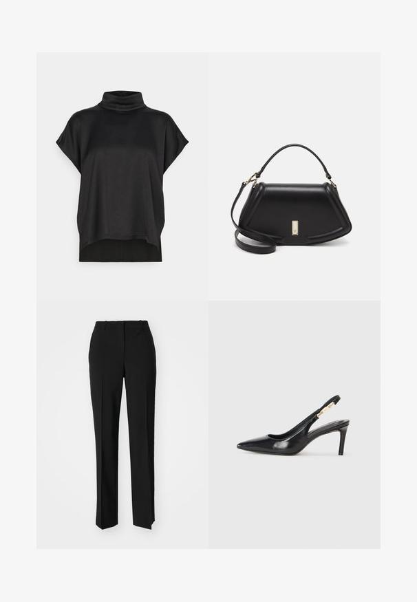 Svart kortermet topp med høy hals. Myk, glatt stoff med løs drapering og rett nederkant. Minimalistisk design, uten pryd.; Sorte skreddersydde bukser med rett silhuett, med en glatt tekstur og klare pressede bretter foran. Ingen synlig maskinvare.; Sorte skinn slingback høyhælte sko med spiss tå, glatt tekstur og en smal ankelrem med gullhardvareakenter.; Sort lærveske med en strukturert design, som har en avkortet form, topphåndtak og detaljer i gull. Justerbar skulderstropp inkludert.
