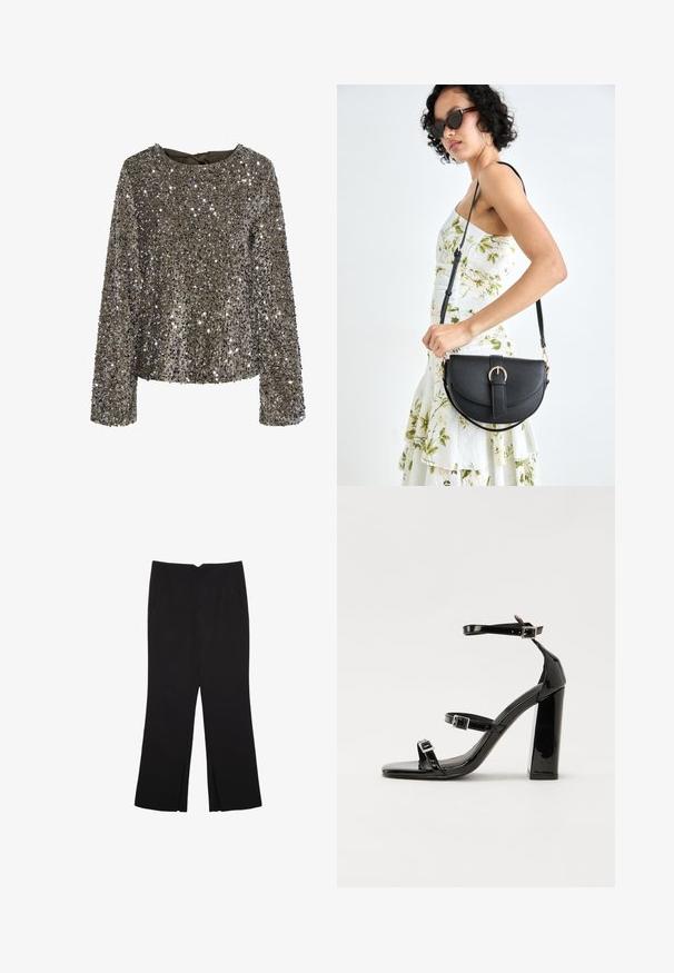 Funkelndes langärmliges Oberteil in Olivgrün mit strukturierter, Pailletten-Oberfläche. Verfügt über einen runden Ausschnitt und ein gebundenes Detail im Rücken.; Schwarze Hose mit geradem Schnitt, ausgestattet mit Fronttaschen und Seitenschlitzen am Saum. Hergestellt aus weichem, glattem Stoff. Geeignet für verschiedene Anlässe.; Schwarze patentierte Sandalen mit Absatz, quadratischer Spitze, Knöchelriemen und silbernen Schnallen. Mit einem stabilen Blockabsatz für mehr Stabilität.; Schwarze Lederhandtasche mit geschwungener Form, abnehmbarem Tragegurt und goldenen Beschlägen. Die Tasche verfügt über einen Deckel mit einer Schnallen-Details.
