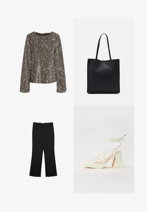 Funkelndes langärmliges Oberteil in Olivgrün mit strukturierter, Pailletten-Oberfläche. Verfügt über einen runden Ausschnitt und ein gebundenes Detail im Rücken.; Schwarze Hose mit geradem Schnitt, ausgestattet mit Fronttaschen und Seitenschlitzen am Saum. Hergestellt aus weichem, glattem Stoff. Geeignet für verschiedene Anlässe.; Weiße High-Heel-Sandale mit einem klobigen Absatz, die über ein Riemchendesign und ein Knöchelband verfügt. Glatte Textur mit einer Plattform vorne für zusätzliche Höhe.; Schwarze Laptoptasche aus Leder mit glatter Textur, rechteckiger Form und zwei langen Griffen. Keine sichtbaren Beschläge oder Verzierungen.