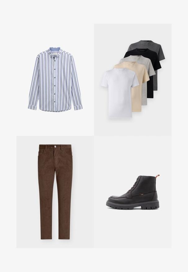 Gestreifte Hemdbluse in Weiß, Blau und Lila. Mit Kragen, langen Ärmeln und dunklen Knöpfen. Aus glattem Baumwollstoff. Abgerundeter Saum.; Set aus fünf Kurzarm-T-Shirts in Weiß, Beige, Hellgrau, Dunkelgrau und Schwarz. Hergestellt aus glattem Baumwollmaterial, mit Rundhalsausschnitt.; Braune Cordhosen mit geradem Schnitt, ausgestattet mit einem Knopfverschluss, Fronttaschen und durchgehend vertikalen Rippstrukturen.; Braune Leder-Ankle Boots mit runder Spitze, tonalem Nähen, robustem schwarzen Gummisohle und orangefarbenem Zugband an der Ferse.