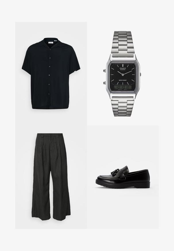 Černá košile s krátkým rukávem a knoflíkovým zapínáním vyrobená z lehkého materiálu. Má rozhalený límec, přední zapínání na knoflíky a volný střih.; Černé široké kalhoty s pruhy a sklady, s propracovaným střihem a jemnou texturou. Žádné viditelné kovové díly ani akcenty.; Černé kožené mokasíny s plochou podrážkou, zdobené dekorativním třásněm na svršku a šitými detaily kolem okrajů.; Stříbrné nerezové ocelové hodinky s quartzovým strojem a černým obdélníkovým ciferníkem, které mají analogové ručičky, digitální displej a označení voděodolnosti.