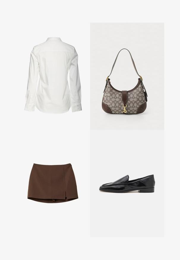Camicia bianca in cotone a maniche lunghe con colletto classico, cucitura del yoke posteriore e polsini con bottoni, caratterizzata da una texture liscia e pulita.; Minigonna marrone realizzata in tessuto liscio, con spacco frontale, linee pulite e vestibilità strutturata. Senza tasche o dettagli hardware evidenti.; Mocassini in pelle nera con finitura liscia, caratterizzati da un design cucito lungo il bordo anteriore e un tacco basso e quadrato.; COACH HAMPTONS HOBO BAG IN SIGNATURE JACQUARD - Borsa a mano - oak maple