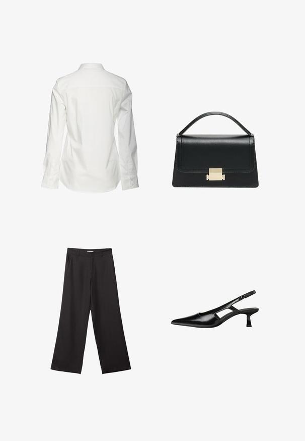 Camicia bianca in cotone a maniche lunghe con colletto classico, cucitura del yoke posteriore e polsini con bottoni, caratterizzata da una texture liscia e pulita.; Pantaloni neri a gamba larga realizzati in tessuto liscio, con zip frontale e due tasche laterali, dal taglio sartoriale e design minimalista.; Tacchi slingback in pelle verniciata nera con punta affusolata, design con tagli laterali e tacco quadrato piccolo. Texture liscia con dettagli minimi.; Borsa a tracolla in pelle nera con design strutturato, manico superiore e dettaglio in metallo dorato sulla parte frontale. Texture liscia, cuciture minime.