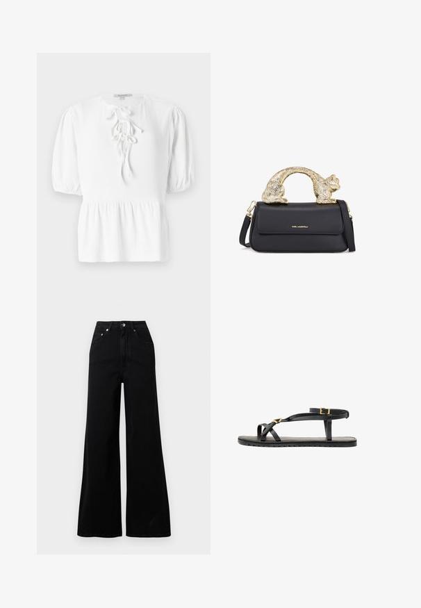 White blouse with a round neckline, short puffed sleeves, and a drawstring tie at the front. Features a textured woven fabric and peplum hem.; Black wide-leg jeans made from denim, featuring a high waist, five pockets, front button closure, and minimal stitching details.; Black leather sandals with thin straps and a buckled ankle strap. Flat sole with a textured finish and zigzag edge. Minimalist design.; Black leather handbag with a gold cat-shaped handle, featuring a front flap, adjustable strap, and logo detail on the lower front.