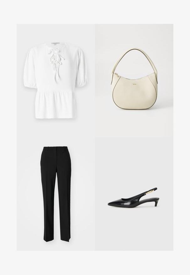 Bluză albă cu guler rotund, mâneci scurte și puffate, și un șnur de strângere în față. Prezintă un material țesut texturat și un tiv tip peplum.; Pantaloni negri tailor-ed cu un design drept, având o textură fină și cute clare pe față. Fără elemente de prindere vizibile.; Sandale slingback din piele neagră cu vârf ascuțit, având un toc subțire și un accent de culoare aurie pe curea ajustabilă. Textură netedă.; Geantă de mână de culoare crem, cu un finisaj texturat, formă curbată, mânere scurte și detalii cu logo auriu. Închidere cu fermoar în partea de sus.