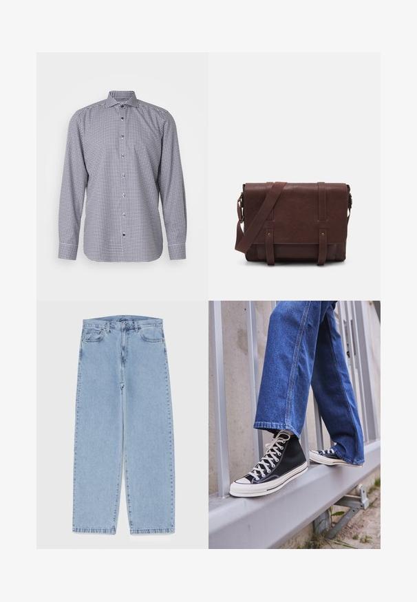 Vīriešu garo piedurkņu krekls ar pogām tumši zilā un baltā šķautņu rakstā, ar klasisku apkakli un ziliem pogām. Kokvilnas materiāls, parasts piegriezums.; Gai zila džinsu bikses ar taisnu kāju dizainu, kas piedāvā vidēju vidukļa augstumu, piecas kabatas un pogas un rāvējslēdzēja aizdari.; Melnas augstas kedas ar baltu zoli un auklām, apvienotas ar brīvām zilām džinsām, atpūšoties uz pelēka margotā balsta.; Brūns ādas sūtījumu soma ar plakanu priekšējo atloku, divām siksnām, zelta metāla detaļām un regulējamu plecu siksnu.