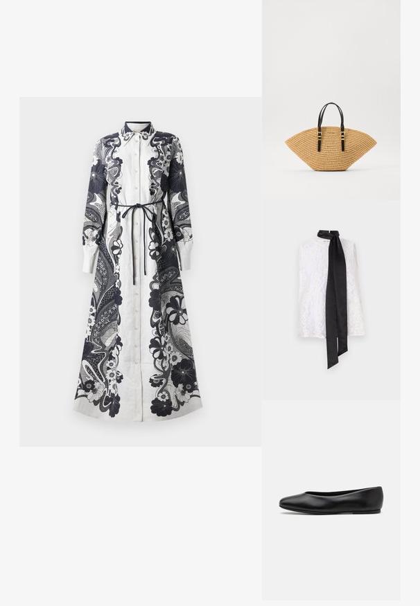 Witte kant top met een hoge halslijn en een zwart satijnen lint dat bij de kraag is gestrikt. Intricate kantpatroon en een soepele textuur.; Lange, knopenjurk van lichtgewicht stof. Voorlopig wit met ingewikkelde marineblauwe bloemen- en paisleypatronen. Vastgesnoerde taille-detail.; Paul Smith TOPANGA - Ballerina's - black; Straw tas met een unieke waaier-vorm, beige geweven textuur en zwarte leren handvatten met gouden gespen. Verstelbare schouderband voor veelzijdigheid.
