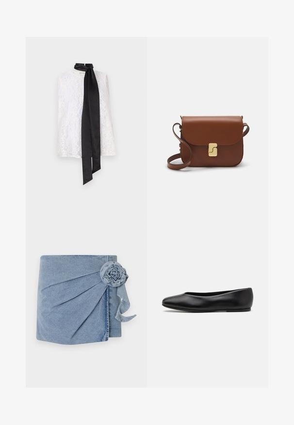 White lace top featuring a high neckline and a black satin ribbon tied at the collar. Intricate lace pattern and smooth texture.; Denim wrap featuring a light blue hue, intricate pleating, and a decorative flower accent with a trailing ribbon. Soft texture and casual design.; Paul Smith TOPANGA - Ballet pumps - black; Brown leather handbag with a flap closure, gold-tone hardware, a shoulder strap, and a smooth texture. Compact rectangular shape.
