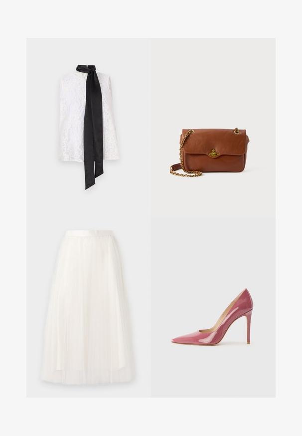 Bela čipkasta bluzica z visokim ovratnikom in črnim satenskim trakom, zavezanim okoli ovratnika. Zapleten čipkast vzorec in gladka tekstura.; Bela tila midi krila z mehko teksturo in nabranim pasom, s plastičenimi naborki, ki ustvarjajo tekoč dizajn.; Rožnate lakirane visokotlačne čevlje s koničastim nosom in elegantno silhueto, ki vključujejo izrez in stolpičasto peto.; Rjava usnjena torba čez ramo s pokrovom, zlatim okovjem in verižnim trakom. Gladka tekstura, pravokotna oblika, minimalno podrobnosti.