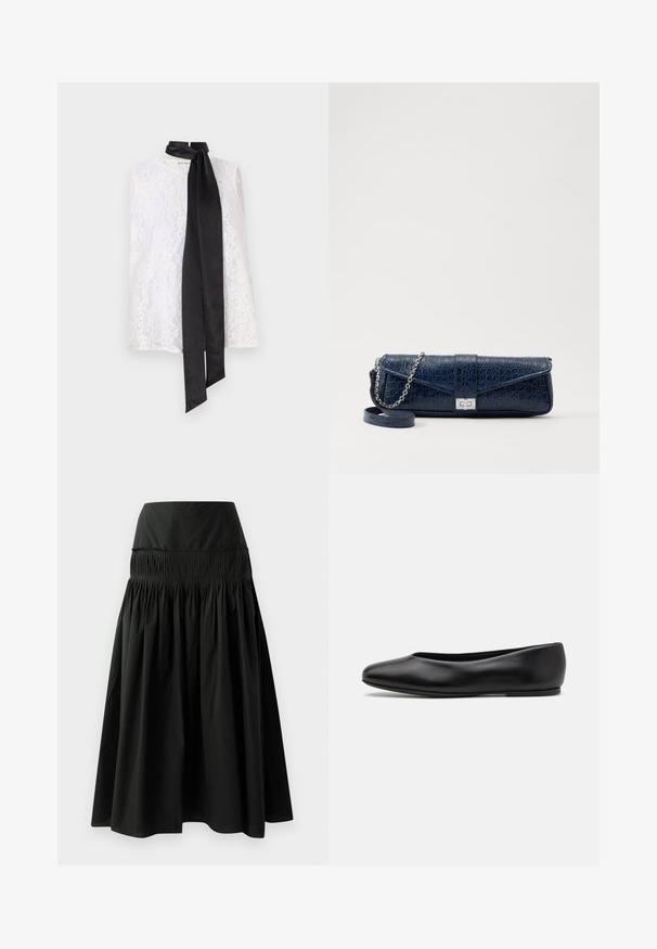 Valkoisesta pitsitopista, jossa on korkea kaula-aukko ja musta satiinirusetti kauluksessa. Monimutkainen pitsikuvio ja sileä pinta.; Mustat polvipituiset hameet, jotka on valmistettu sileästä kankaasta. Hameessa on tiukka vyötärö ja kerroksellinen muotoilu, joka lisää täyteläisyyttä.; Paul Smith TOPANGA - Ballerinat - black; Navy sininen nahkakukkarokotelo, jossa on krokotiilinumero, hopeaketjuolkapanta ja metallilukko. Suorakulmainen muoto taitettavalla designilla.