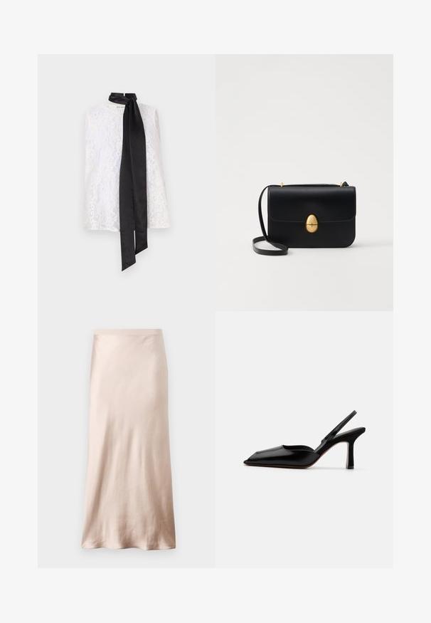 Fehér csipke felső, magas nyakkivágással és fekete szatén szalaggal a gallérnál. Bonyolult csipke minta és sima textúra.; Világos bézs selyem midi szoknya, testhezálló derékkal, sima felülettel és bővülő szegéllyel, látható díszítések vagy zsebek nélkül.; Fekete bőr szandál sarkú cipő hegyes orral, minimalist designnal, vékony bokapánttal és karcsú tűsarkúval. Sima textúra.; Fekete bőr kézitáska, struktúrált, téglalap alakú formával. Arany ovális kapoccsal és vékony vállpánttal rendelkezik. Sima textúrájú.