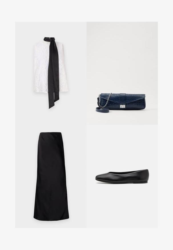 Top de encaje blanco con un cuello alto y una cinta de satén negra atada en el cuello. Patrón de encaje intrincado y textura suave.; Norma Kamali BIAS OBIE SKIRT - Falda larga - black; Paul Smith TOPANGA - Bailarinas - black; Clutch de piel azul marino con textura de cocodrilo, correa de cadena plateada y cierre metálico. Forma rectangular con diseño plegable.