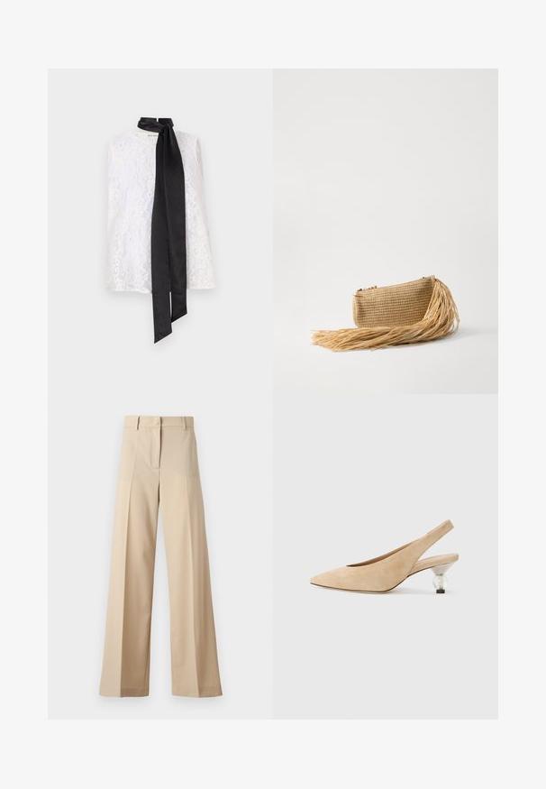 Top bianco in pizzo con scollatura alta e un nastro in satin nero annodato al colletto. Motivo in pizzo intricato e texture liscia.; Pantaloni beige a gamba larga realizzati in tessuto morbido, con fronte piatto e pieghe, zip e passanti per cintura. Vestibilità sartoriale complessiva.; Scarpa slingback in suede beige con punta appuntita e tacco trasparente e arrotondato. Texture liscia e design minimalista.; Cult Gaia VIERA - Pochette - natural