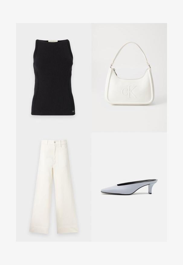 Black ribbed tank top with a high neckline and fitted silhouette. Features subtle CK logo tag at the bottom left. Smooth knit texture.; Wide-leg trousers in light beige cotton. Features a high waist, front pockets, and a straight cut. Clean hem finishing without patterns.; Light blue patent leather mule with a pointed toe, low transparent heel, and a sleek design featuring a cut-out at the vamp.; White leather handbag with a curved shape, featuring an embossed "CK" logo on the front and a single shoulder strap. Zipper closure at top.