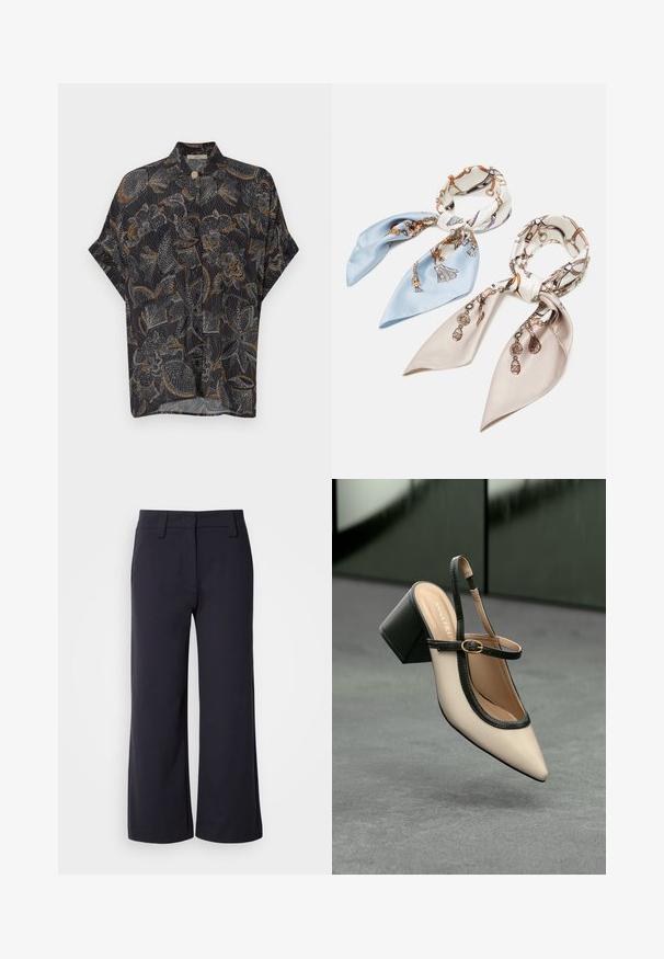 Camisa negra de manga corta con un patrón floral en blanco y naranja. Tela ligera, cierre de botón en el cuello, ajuste relajado.; Pantalones de pierna ancha en tejido azul marino oscuro. Presentan un frente liso, lazos para cinturón y bolsillos laterales. El material es suave y con un ligero estiramiento.; Zapato slingback de punta beige con ribete negro, hebilla dorada y un tacón cuadrado grueso sobre un suelo gris con fondo verde oscuro.; Anna Field 2 PACK - Fular - blue/pink