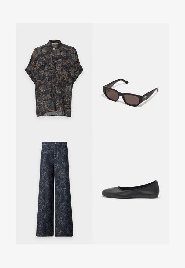 Short-sleeved black shirt featuring a floral pattern in white and orange. Lightweight fabric, button closure at the collar, relaxed fit.; Dark denim wide-leg trousers featuring an embroidered floral pattern in light blue. Classic five-pocket design with a front button closure.; Black leather ballet flat with a rounded toe, smooth texture, minimal stitching detail, and a flexible sole design.; Black rectangular sunglasses with dark lenses. Features a smooth plastic frame and logo detail on the temple. Clean, modern design.