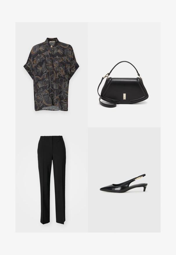 Schwarz kurzärmeliges Hemd mit floralem Muster in Weiß und Orange. Leichter Stoff, Knopfverschluss am Kragen, lockere Passform.; Schwarze, taillierte Hose mit geradem Bein, aus einem glatten Stoff und mit klaren Falten an der Vorderseite. Keine sichtbare Hardware.; Schwarze Leder-Slingback-Pumps mit spitzem Schuhblatt, ausgestattet mit einem schlanken Absatz und einem goldfarbigen Akzent am verstellbaren Riemen. Glatte Textur.; Schwarze Lederhandtasche mit einem strukturierten Design, das eine verkürzte Form, einen oberen Griff und goldfarbene Hardware-Details aufweist. Verstellbarer Schulterriemen ist enthalten.