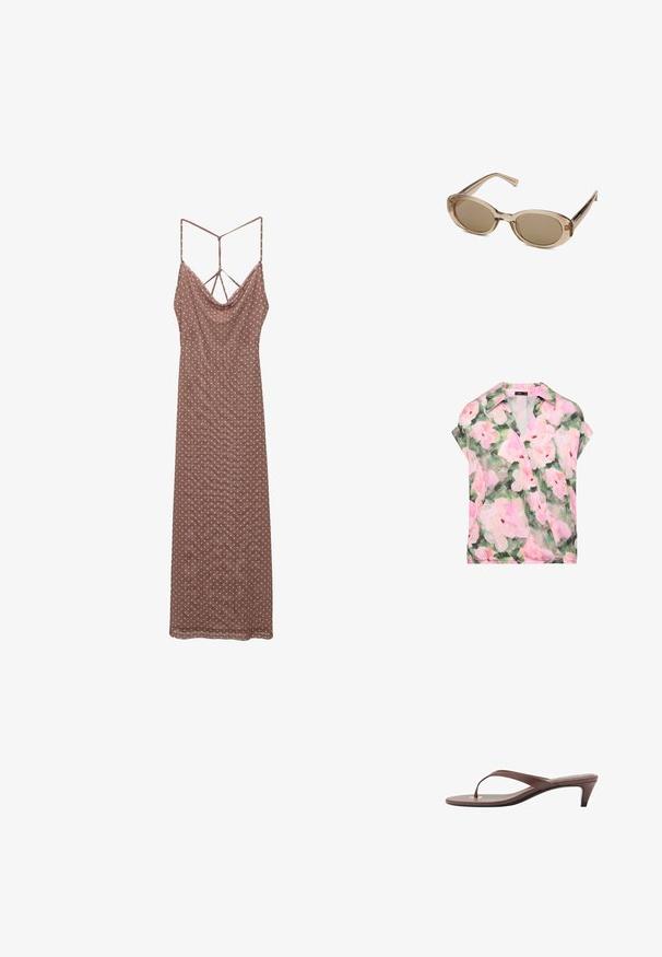 Kwiatowa bluzka z kołnierzykiem, wykonana z przezroczystego, lekkiego materiału w zielonych i różowych odcieniach, z luźnymi rękawami i swobodnym krojem.; Brązowa sukienka w kropki z drapowanym dekoltem, cienkimi ramiączkami i ozdobnym tyłem, wykonana z lekkiego materiału.; Brązowe sandały na obcasie w stylu klapek z wąskim paskiem i zaokrąglonym palcem, z małym złotym akcentem na wkładce.; Okulary przeciwsłoneczne z przezroczystą beżową oprawą, owalnymi soczewkami i smukłymi zausznikami. Posiadają jasnobrązowe przyciemniane soczewki oraz minimalne logo.; Beżowa torba na ramię z nylonu o miękkiej strukturze, z wciągniętymi bokami i regulowanym paskiem. Posiada zamek błyskawiczny oraz subtelne detale z logo.