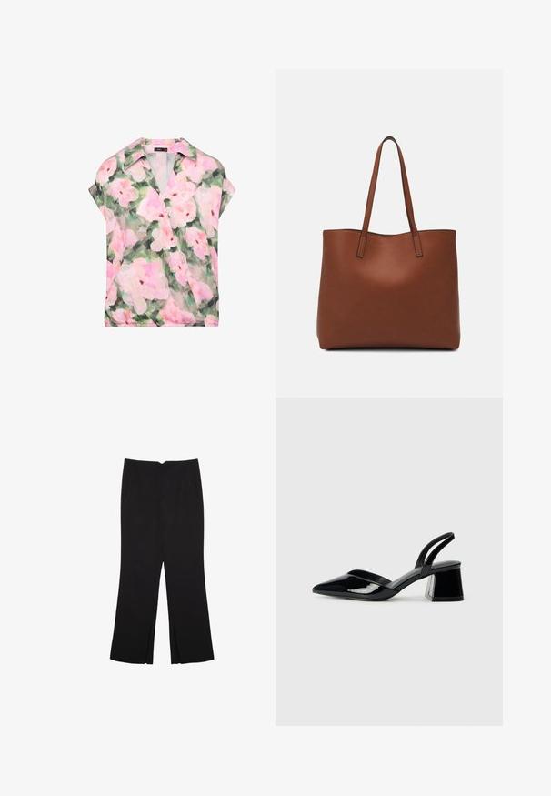 Floral top with a collared design, featuring a sheer, lightweight fabric in green and pink tones, with loose sleeves and a relaxed fit.; Black trousers with a straight fit, featuring front pockets and side slits at the hem. Made of soft, smooth fabric. Suitable for various occasions.; Black patent leather slingback heels with a pointed toe and a geometric block heel. Features a sleek, minimal design and smooth texture.; Brown leather tote bag with a smooth texture, open top design, and two shoulder straps. Features minimal stitching and no visible hardware.