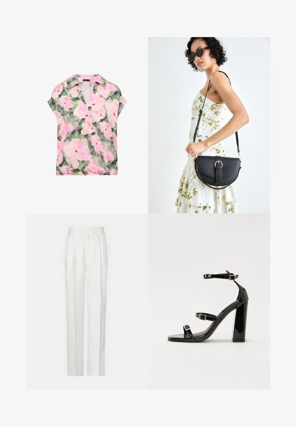Kvetinový top s golierom, vyrobený z priesvitného, ľahkého materiálu v zelených a ružových odtieňoch, s voľnými rukávmi a uvoľneným strihom.; Biele pruhované nohavice so strihať priamym strihom, vyrobené z ľahkého materiálu. Obsahujú preklady vpredu a klasický pás.; Čierne lakované sandále na podpätku so štvorcovou špičkou, navlečenými remienkami okolo členku a striebornými prackami. Disponujú masívnym blokovým podpätkom pre stabilitu.; Čierna kožená kabelka s zaobleným tvarom, odnímateľným popruhom a zlatými doplnkami. Kabelka má klopu s detailom s prackou.