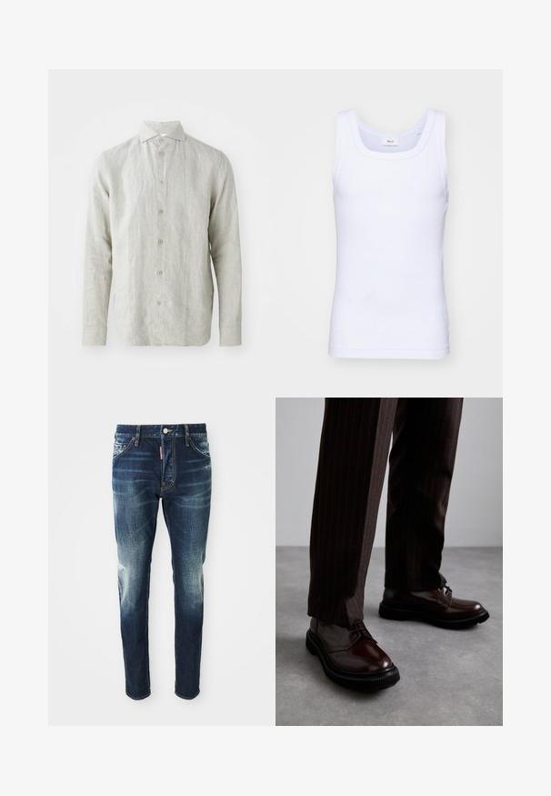 Chemise en lin gris clair avec un devant à boutons, col classique et manches longues. Présente une texture subtile et cinq boutons marron.; Débardeur sans manches en coton blanc avec un col rond, présentant une texture lisse et une coupe ajustée, conçu pour un usage décontracté.; Jean en denim bleu foncé à coupe slim, avec des zones décolorées sur les cuisses et les genoux, cinq poches et une fermeture à bouton en métal.; Chaussures en cuir marron à lacets avec une finition brillante, semelle en caoutchouc noire et coutures discrètes. Portées avec un pantalon marron à rayures.