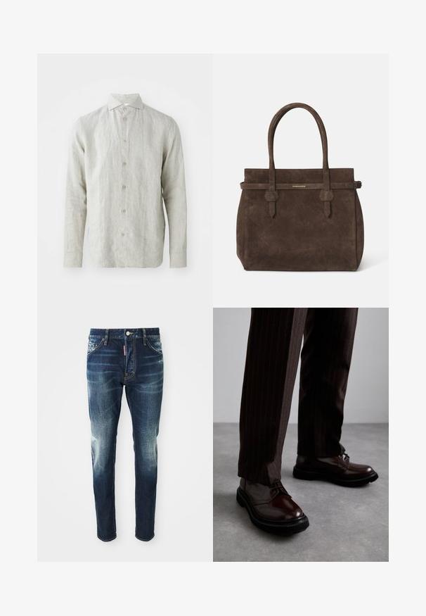 Helles grau gestreiftes Leinenhemd mit Knopfverschluss, klassischem Kragen und langen Ärmeln. Es hat eine dezente Textur und fünf braune Knöpfe.; Weißes Baumwoll-Top ohne Ärmel mit rundem Ausschnitt, ausgestattet mit einer glatten Textur und einer figurbetonten Form, ideal für die Freizeit.; Dunkelblaue Jeans im Slim-Fit-Schnitt, mit verwaschenen Stellen an den Oberschenkeln und Knien, fünf Taschen und einem Metallknopfverschluss.; Braune Leder Schnürschuhe mit glänzender Oberfläche, schwarzer Gummisohle und dezenten Nähten. Getragen mit braunen Angabenhosen mit Nadelstreifen.; Dunkelbraune Wildledertasche mit doppelten Griffen und einem horizontalen Riemen, der mit einem kleinen goldenen DSQUARED2-Logo-Plakette versehen ist.