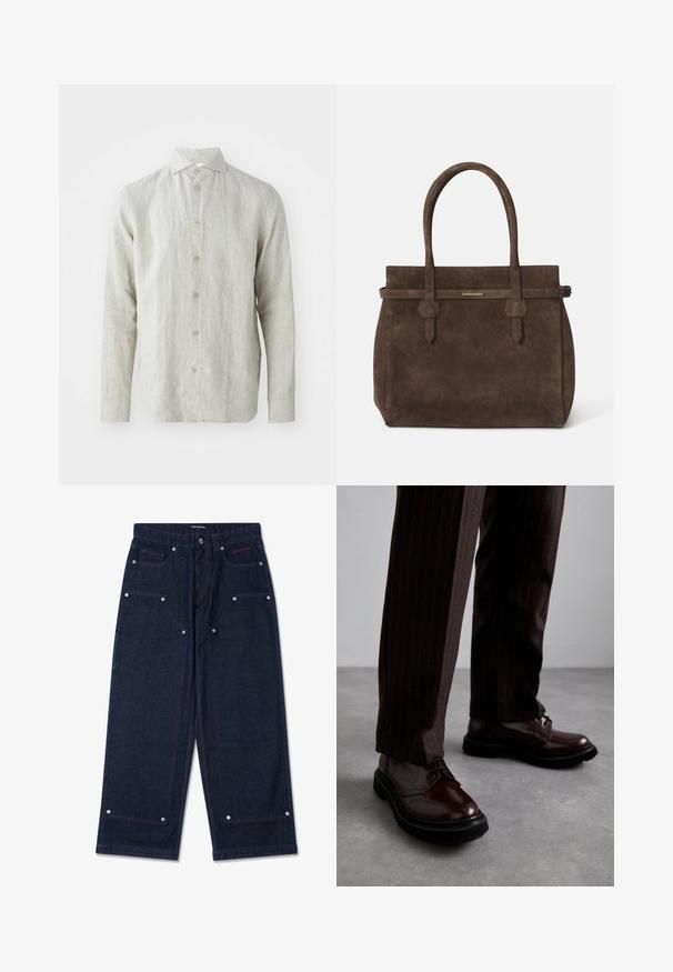 Helles grau gestreiftes Leinenhemd mit Knopfverschluss, klassischem Kragen und langen Ärmeln. Es hat eine dezente Textur und fünf braune Knöpfe.; Weißes Baumwoll-Top ohne Ärmel mit rundem Ausschnitt, ausgestattet mit einer glatten Textur und einer figurbetonten Form, ideal für die Freizeit.; Dunkelblaue weit geschnittene Jeanshose mit zwei vorderen Taschen, silbernen Hardware-Details und kontrastierendem roten Nähten. Sie verfügt über einen Knopfverschluss und ein Markenlogo.; Braune Leder Schnürschuhe mit glänzender Oberfläche, schwarzer Gummisohle und dezenten Nähten. Getragen mit braunen Angabenhosen mit Nadelstreifen.; Dunkelbraune Wildledertasche mit doppelten Griffen und einem horizontalen Riemen, der mit einem kleinen goldenen DSQUARED2-Logo-Plakette versehen ist.