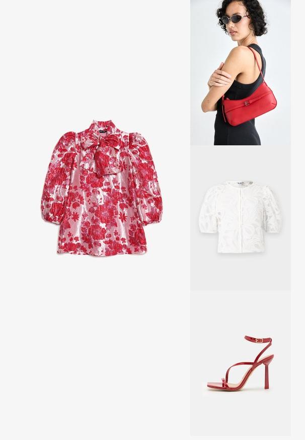 Blouse en dentelle blanche avec un col rond, des manches courtes bouffantes et un motif floral. Elle dispose d'une fermeture à boutons et d'un tissu transparent.; Blouse fleurie rouge avec manches bouffantes, col montant et détail nœud. Fabriquée en tissu brillant avec un motif de grandes fleurs sur fond rose.; ALDO SCINTILLA - Sandales à talons hauts - red; Sac à épaule en cuir rouge avec une texture lisse, un design courbé et un accent de boucle décorative. Bandoulière ajustable et fermeture à glissière.