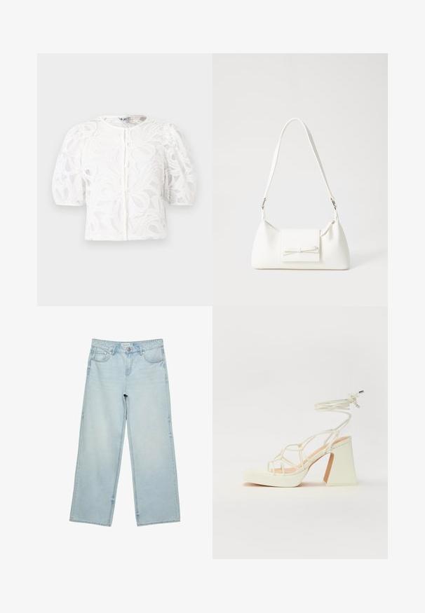 Biała koronkowa bluzka z okrągłym dekoltem, krótkimi puffowanymi rękawami i kwiatowym wzorem. Zawiera zapięcie na guziki i przezroczysty materiał.; Jasnoniebieskie jeansy o szerokich nogawkach, wykonane z denimu, z wysokim stanem, pięcioma kieszeniami i delikatnym efektem wyblaknięcia. Prosty krój z wykończonymi brzegami.; Biała sandał na wysokim obcasie z masywnym słupkiem, z paskowym wzorem i wiązaniem przy kostce. Gładka faktura z platformą z przodu dla dodatkowej wysokości.; Biała syntetyczna torba o trójkątnym kształcie, płaskim przednim klapce i detalach w postaci kokardy, regulowanym pasku, gładkiej fakturze oraz minimalistycznym designie.