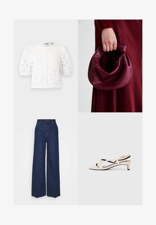 Hvit bluse i blonder med rund hals, puffer korte ermer og blomsterdesign. Har knapplukking og gjennomsiktig stoff.; Høyt liv vidbukse i mørk blå denim med front- og baklommer, knappelukking, og synlige sømdetaljer.; Beige lær slingback sandal med kryssende stropper, lav hæl og svarte detaljer. Glatt tekstur og minimalistisk design.; Bordeaux lærhåndveske med et mykt, samlet design og avrundet form. Håndtaket er festet, og viser en glatt tekstur.