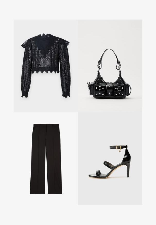 Černý krajkový crop top s dlouhými rukávy, vysokým límečkem a vroubkovaným lemem. Květinový vzor s průhlednou texturou po celé ploše.; Černé elegantní kalhoty na míru vyrobené z hladké látky, s rovnými nohavicemi a dvěma postranními kapsami. Elegantní a minimalistická konstrukce.; Černé lakované kožené sandály se třemi pásky, sponou na kotníku a 10 cm jehlovým podpatkem. Obsahují zlaté kovové detaily a logo přívěsek.; Černá kožená kabelka s křivkovým designem, zdobená stříbrnými hřebíky, s přezkou a dvěma bočními kapsami. Nastavitelný popruh pro různé možnosti nošení.