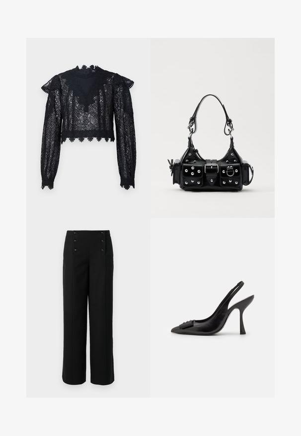 Sort blonde crop top med lange ærmer, høj hals og bølget kant. Blomsterdesign med gennemsigtig struktur hele vejen igennem.; Sorte bukser med brede ben lavet af glat stof, der har høj talje og fem frontknapper til lukning. Elegant, skræddersyet design.; Sorte lædersandal med spids tå, slank høj hæl og dekorativ sløjfeaccent. Glat tekstur og strømlinet design.; Sort læderhåndtaske med et buet design, prydet med sølvfarvede nitter, en spænde og to sidelommer. Justerbar rem til forskellige bære muligheder.