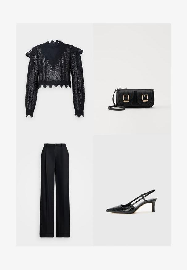 Black lace crop top featuring long sleeves, a high neck, and scalloped trim. Floral pattern with sheer texture throughout.; Black wide-leg trousers featuring a smooth finish, flat front, belt loops, and a single button closure at the waist.; Black patent slingback heel with a pointed toe, featuring textured snake print, adjustable strap, and a short, textured block heel.; Black leather crossbody bag with two front pockets, gold buckles, zipper closure, and a slim strap. Textured surface and compact rectangular shape.