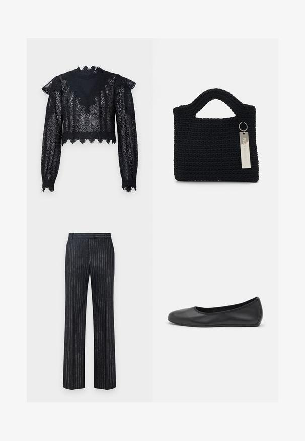 Crop top en dentelle noire avec des manches longues, un col montant et des bords festonnés. Motif floral avec une texture translucide sur l'ensemble.; Pantalons à rayures sombres avec une coupe évasée, fabriqués en tissu texturé avec des rayures verticales argentées. Devant plat et passants de ceinture.; Ballerines en cuir noir avec un bout rond, texture lisse, détails de couture minimalistes et design de semelle flexible.; Won Hundred MARSIELLE COMPUTER BAG UNISEX - Sac ordinateur - black