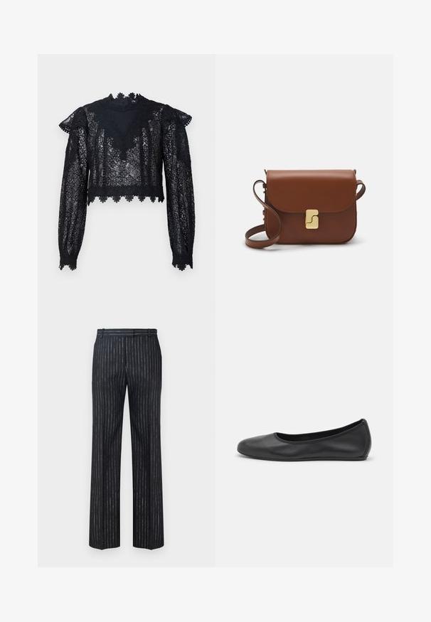 Schwarzes Spitze-Crop-Top mit langen Ärmeln, hohem Kragen und gewelltem Saum. Blumenmuster mit transparenter Textur überall.; Dunkel gestreifte Hosen mit weitem Bein, aus strukturiertem Stoff mit vertikalen silbernen Nadelstreifen. Flacher Bund und Gürtelschlaufen.; Schwarze Leder-Ballettschuhe mit abgerundeter Spitze, glatter Textur, minimalen Nähdetails und einem flexiblen Sohlen-Design.; Braune Ledertasche mit Klappenverschluss, Beschlägen in Goldfarbe, einem Schultergurt und einer glatten Oberfläche. Kompakte rechteckige Form.
