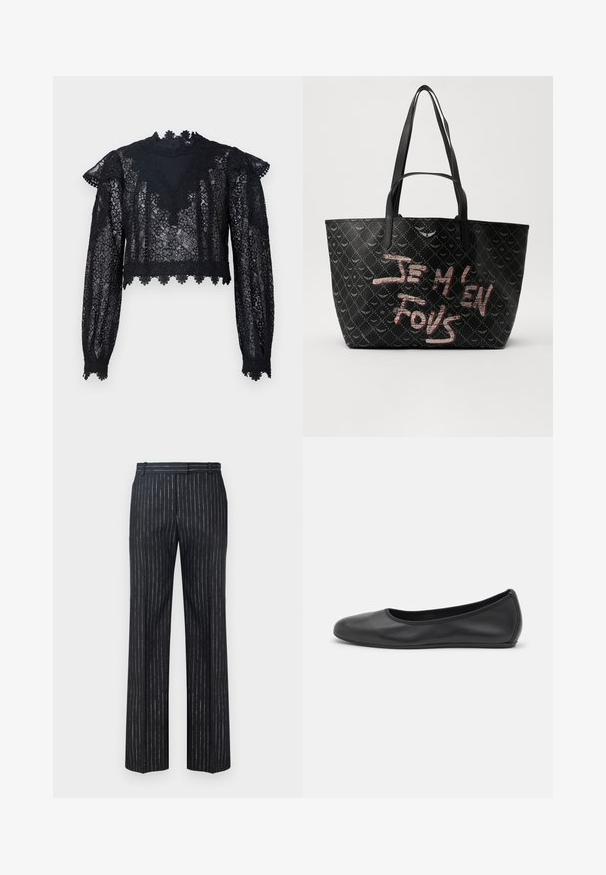 Sort blonde crop top med lange ærmer, høj hals og bølget kant. Blomsterdesign med gennemsigtig struktur hele vejen igennem.; Mørke stribede bukser med bred bendesign, fremstillet i tekstureret stof med lodrette sølvstriber. Flad front og bæltestropper.; Sort læderballetsko med rund tå, glat tekstur, minimal syning og et fleksibelt såldesign.; Sort tote bag med tekstureret materiale, der har et diamantmønster, skulderremme og fed rød og hvid tekst, der står "JE M'EN FOUS."
