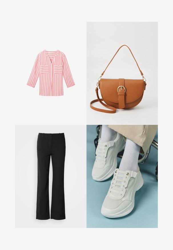 TOM TAILOR Blúzka - pink offwhite stripe; Čierne nohavice z bavlneného zmesového materiálu s rovnými nohavicami, predným zapínaním na gombík a dvoma bočnými vreckami. Hladká textúra, žiadne viditeľné vzory.; Biele tenisky s materiálom z mlátenice, gumovou podrážkou, bezšnúrovým dizajnom s elastickými pásikmi a pozlátenými akcentmi.; Hnedá kožená kabelka cez telo s zakriveným tvarom, zlatými kovovými doplnkami a akcentom s prackou. Obsahuje odnímateľný ramenný popruh.