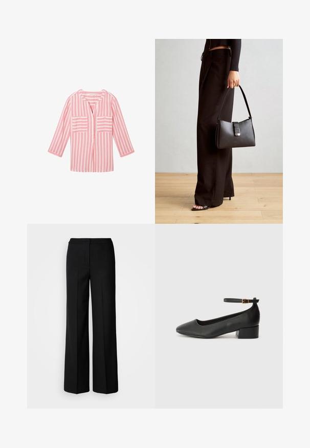 TOM TAILOR Bluse - pink offwhite stripe; Schwarze weit geschnittene Hosen aus glattem Stoff mit hoher Taille, taillierten Nähten und minimalistischer Gestaltung. Keine sichtbaren Beschläge oder Taschen.; Schwarze Lederpumps mit spitzem Zehenbereich und niedrigem Blockabsatz. Mit einem Knöchelriemen und einer goldfarbenen Schnalle. Glatte Textur.; Schwarze Handtasche mit strukturierter Form, glatter Textur und einem metallischen Verschluss. Kombiniert mit weiten schwarzen Hosen und offenen Sandalen auf einem Holzboden.