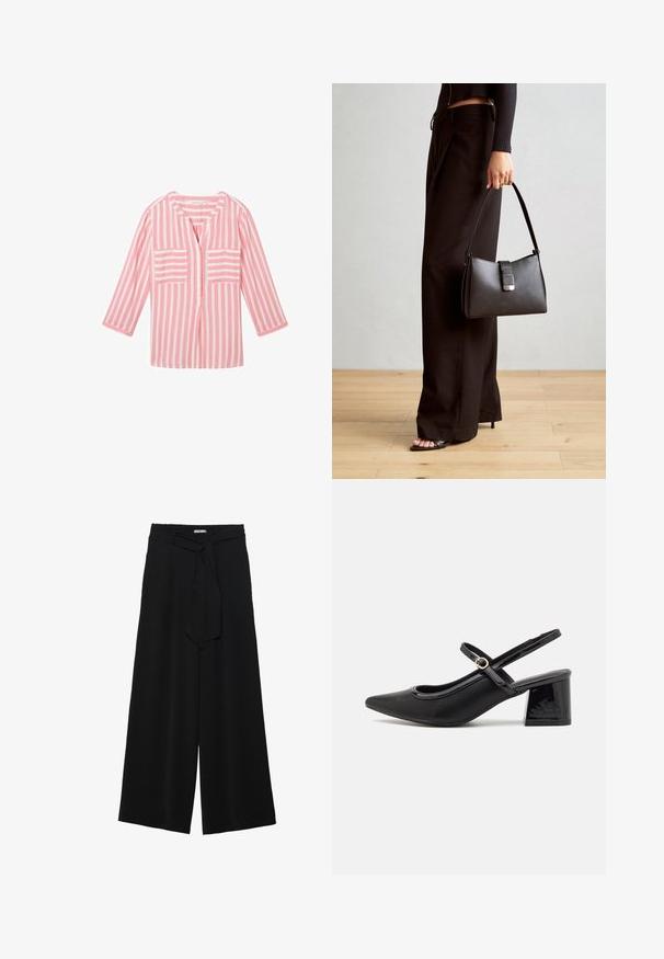 TOM TAILOR Palaidinė - pink offwhite stripe; Juoda plačių kojų kelnės, pagamintos iš tekstūruoto audinio, su elastingu juosmeniu ir atsegamu diržu juosmenyje, leidžiančiu reguliuoti dydį.; Juodi patentinio odos slingback aukštakulniai su smailiu pirštu, apvaliu išpjovimu ir blokiniu kulnu. Papuošti auksiniu juostos akcentu.; Juodas rankinė struktūrizuota forma, lygi tekstūra ir metalinis užsegimas. Suporuota su plačiomis juodomis kelnėmis ir atvirais bateliais ant medinių grindų.