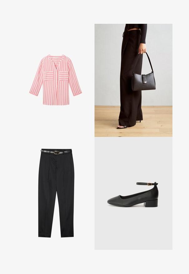 TOM TAILOR Blouse - pink offwhite stripe; Black trousers with a smooth fabric, featuring a fitted waistband and a textured grey belt with a gold buckle. Slightly tapered legs.; Black leather pump with a pointed toe and a low block heel. Features an ankle strap with a gold-tone buckle. Smooth texture.; Black handbag with structured shape, smooth texture, and a metallic clasp. Paired with wide black pants and open-toe sandals on wooden floor.