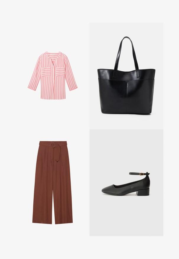 TOM TAILOR Blůza - pink offwhite stripe; Široké kalhoty z hnědé tkaniny, které mají pás s čtvercovou sponou, sklady a hladkou texturu.; Černé kožené lodičky s špičatou špičkou a nízkým blokovým podpatkem. Obsahují pásek kolem kotníku se zlatou sponou. Hladký povrch.; Černá kožená taška s dlouhými ušima, hladkým povrchem a strukturovaným tvarem. Obsahuje přední kapsu pro další úložný prostor.