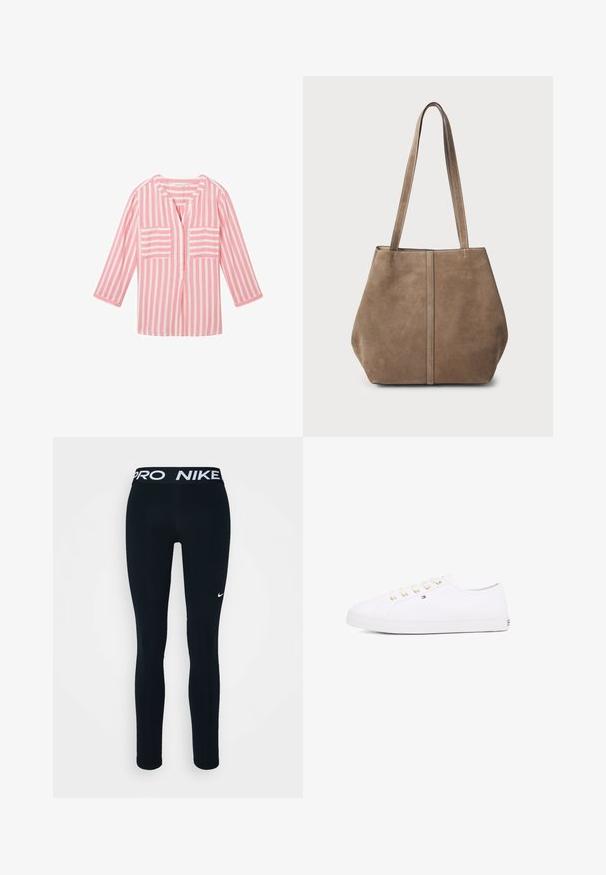 TOM TAILOR Bluse - pink offwhite stripe; Sorte Nike leggings med en Pro linning, udstyret med et hvidt logo på venstre lår. Lavet af strækbart stof, designet til komfort og bevægelse.; Hvid kanvas sneaker med guld øjer, flade snørebånd, tekstureret gummisål og minimal branding på siden. Lavprofil design.; Brun ruskinds tote bag med to lange håndtag, lodret sømdetalje på forsiden og en blød tekstur. Rummeligt design, der er velegnet til daglig brug.