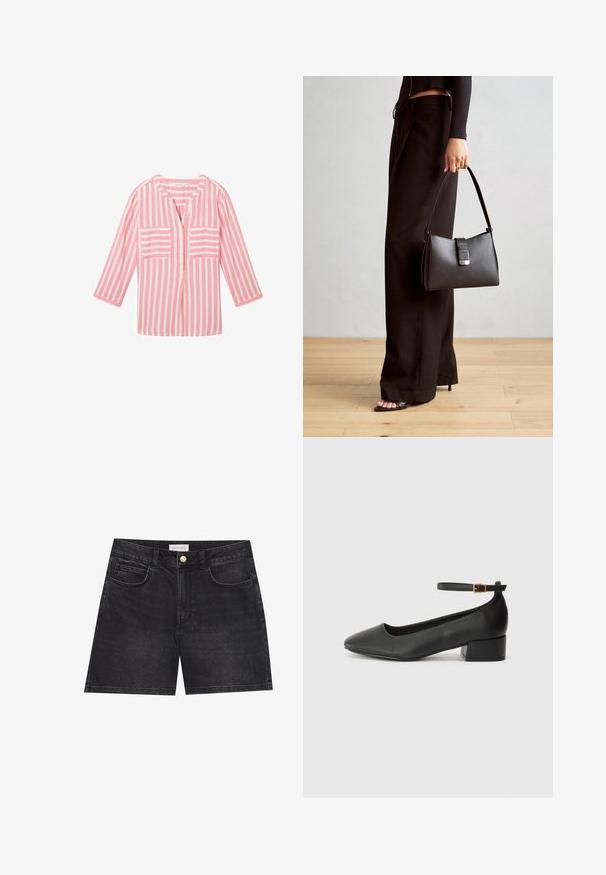 TOM TAILOR - Bluzka; Czarne szorty dżinsowe z klasycznym pięciokomorowym fasonem, pojedynczym zapięciem na guzik i prostym krojem nogawki. Gładka faktura z subtelnymi detalami szwów.; Czarne skórzane szpilki z ostrym noskiem i niskim słupkowym obcasem. Wyposażone w pasek na kostkę z złotym zapięciem. Gładka tekstura.; Czarna torebka o usztywnionym kształcie, gładkiej fakturze i metalowym zapięciem. Połączona z szerokimi czarnymi spodniami i sandałami na otwartym palcu na drewnianej podłodze.