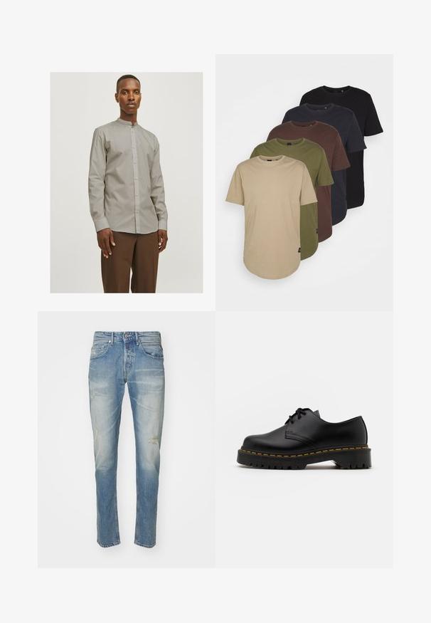 Jack & Jones JJJOE SHIRT PLAIN MAO - Ing - pure cashmere; Öt, színátmenetes kialakítású póló: bézs, olíva, barna, sötétkék és fekete. Puha pamutból készült, rövid ujjú és kerek nyakkivágású.; Világoskék farmernadrág, elhalványított felülettel, enyhe kopásokkal a térdnél, egyenes lábú fazon, öt zsebes stílus és fémből készült gombzár.; Fekete bőr, fűzős cipő lekerekített orral, texturált gumitalppal és sárga varrással az alján. Lapos design és sima felület.