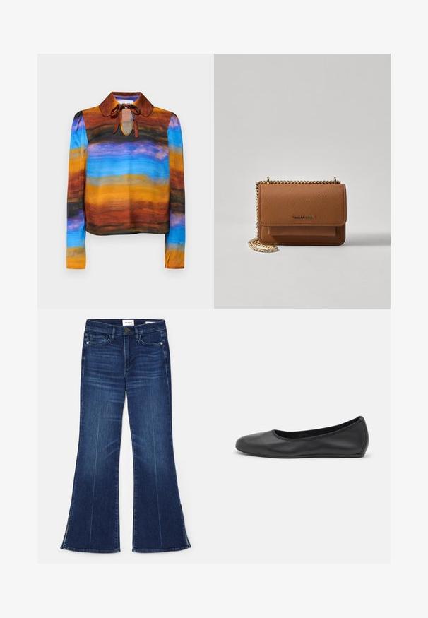 Langærmet bluse med rund krave, prydet med et akvarelmønster i brune, orange, blå og sorte nuancer. Snore ved halsen tilføjer detaljer.; Mørkeblå flagrende jeans lavet af denim. Har høj talje, forlommer og splitdetaljer i kanten. Klassisk fem-lomme design.; Sort læderballetsko med rund tå, glat tekstur, minimal syning og et fleksibelt såldesign.; Brun tekstureret læder crossover-taske med guldkæde-rem og klaplukning. Forsiden har logo-detalje og en lomme under klappen.