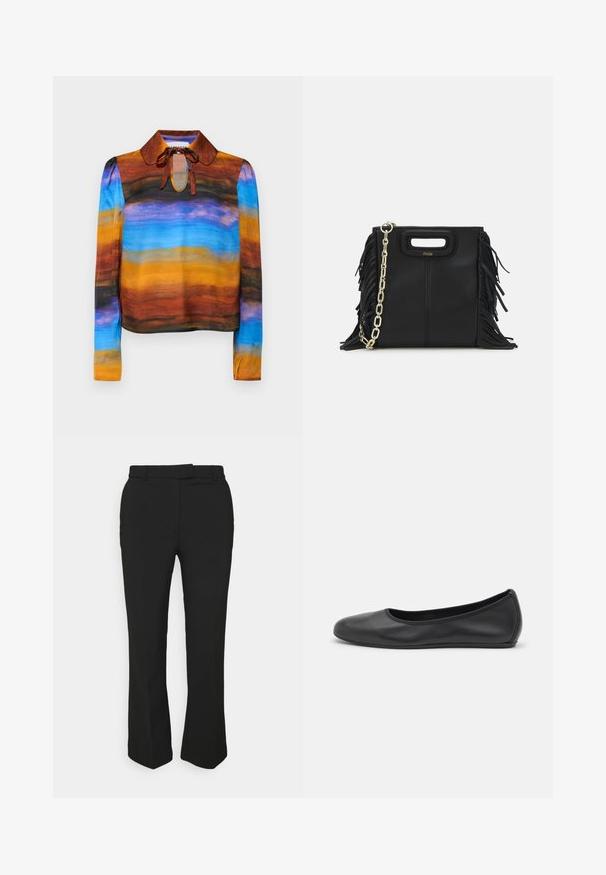 Langermet bluse med rund krage, prydet med et akvarellmønster i brunt, oransje, blått og svart. Sener i halsen gir ekstra detaljer.; Svarte skreddersydde bukser med rett ben-design, som har beltehemper og sidelommer. Laget av glatt stoff med en ren finish.; Svart skinnballettflatt med rund tå, glatt tekstur, minimal sømdetalj, og et fleksibelt såledesign.; Svart læderhåndtaske med frynsedetaljer, guldkæde skulderrem og udskåret håndtag. Har logo placeret på forsiden.