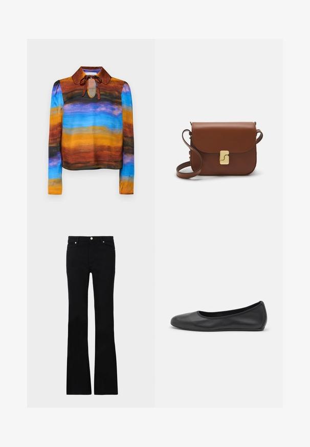 Garās piedurknes blūze ar apaļu apkakli, kas rotāta ar akvareļa rakstu brūnā, oranžā, zilā un melnā krāsā. Kakla daļā savienojumi piešķir detaļu.; Melni flared džinsi, izgatavoti no džinsa auduma, ar divām priekšējām kabatām, pogu aizdari un gludu tekstūru. Redzamā veikala šuvju rakstība.; Melna ādas baleta kurpe ar noapaļotu purngalu, gludu tekstūru, minimālu šuvju detalizāciju un elastīgu zoles dizainu.; Bordo ādas rokas soma ar atloku, zeltītām detaļām, plecu siksnu un gludu virsmu. Kompakta, taisnstūrveida forma.